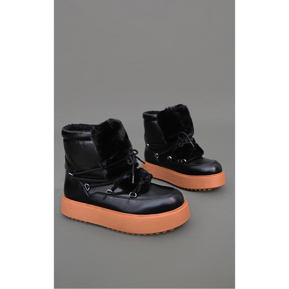 Black Faux Fur Lace Up Ankle Boots - Picture 1 of 4